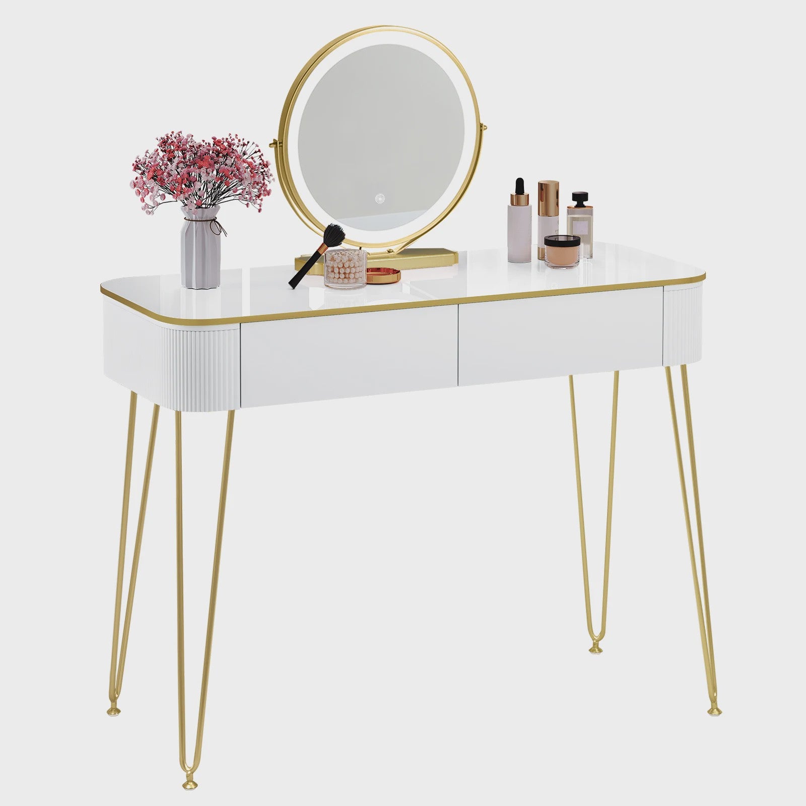 Elegante Witte Kaptafel met LED Spiegel en 3 Verlichtingsniveaus - Make-up Tafel met Grote Lades