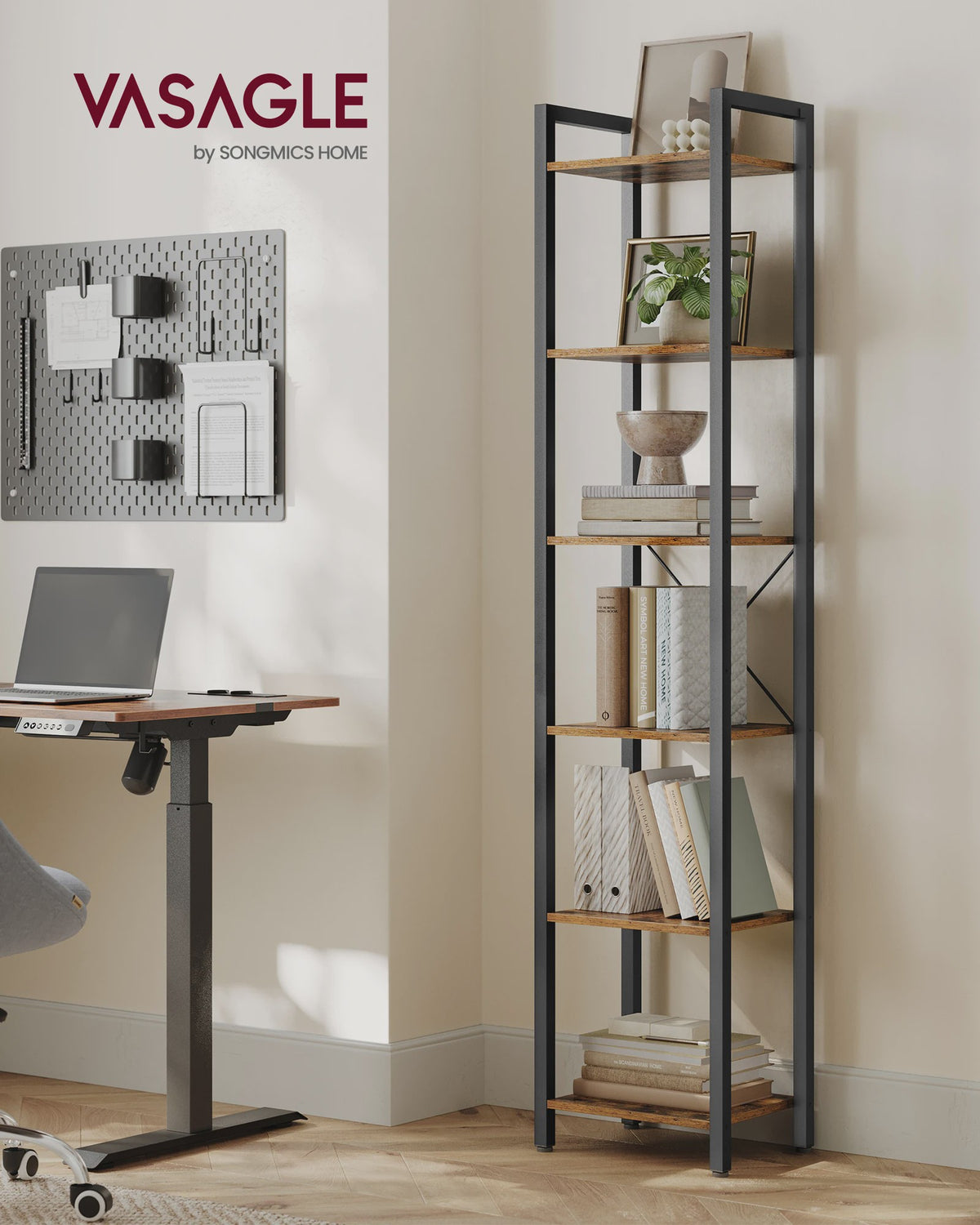 Schoenenrek met 10 vakken, smal en hoog, stalen frame, industrieel design