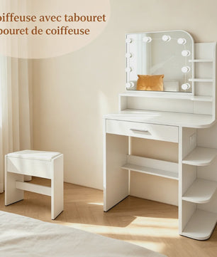 Kaptafel met Verlichte Spiegel, Lades, Haken en Kruk - Ideaal voor Kleine Appartementen