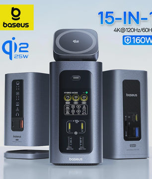 Baseus 15-in-1 USB-C Docking Station: 160W PD, 4K@120Hz HDMI, 25W Draadloze Charger & 180W GaN Adapter