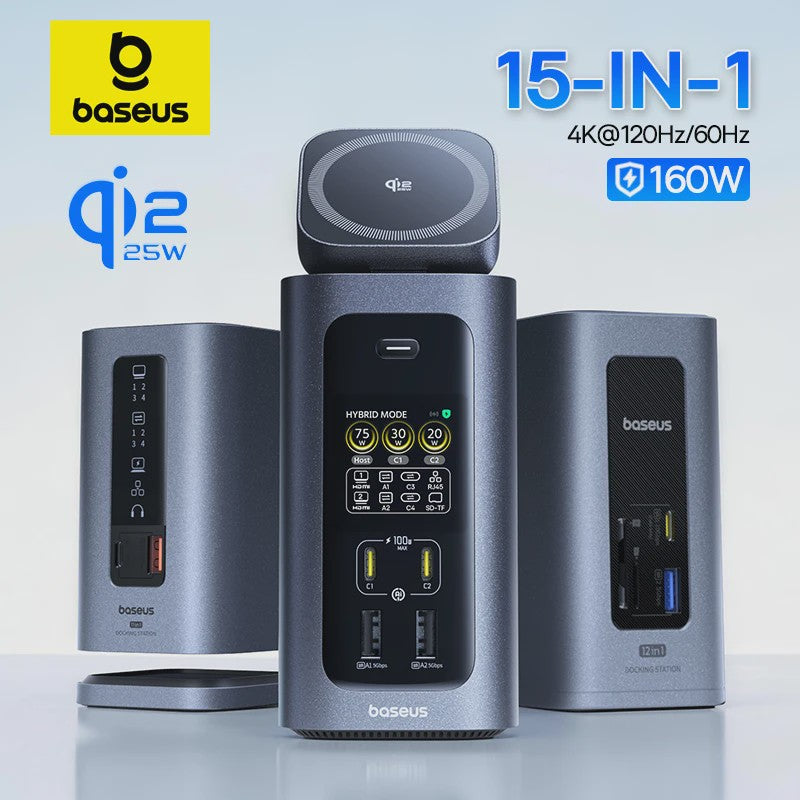 Baseus 15-in-1 USB-C Docking Station: 160W PD, 4K@120Hz HDMI, 25W Draadloze Charger & 180W GaN Adapter