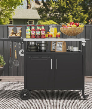 Outdoor Keuken Eiland Grill Cart met Opbergruimte en Inklapbaar RVS Werkblad - Zwart