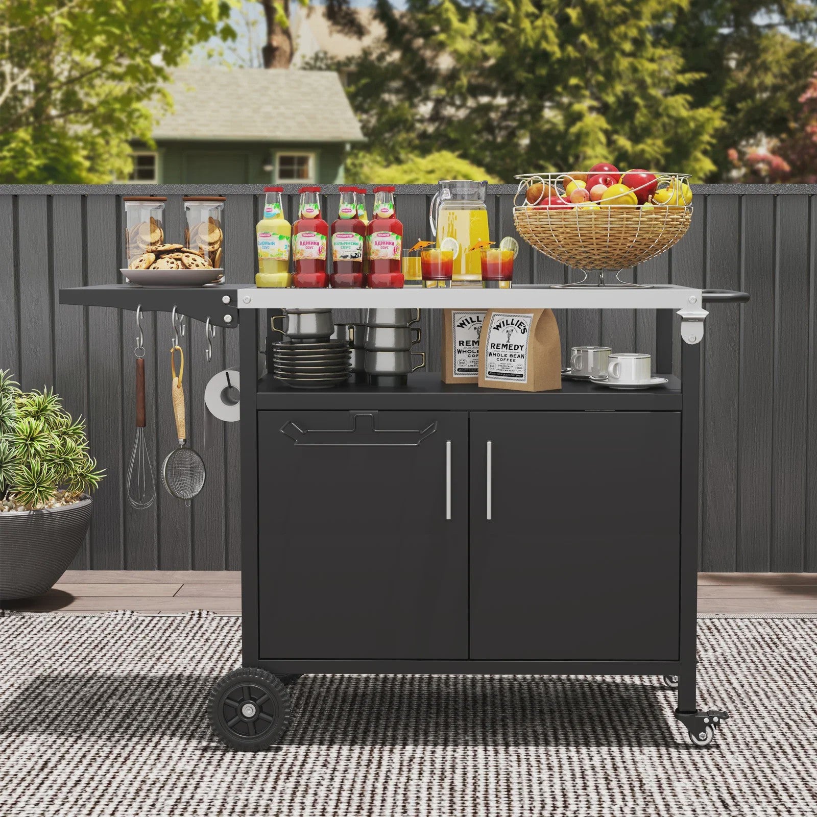 Outdoor Keuken Eiland Grill Cart met Opbergruimte en Inklapbaar RVS Werkblad - Zwart