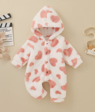 Baby Jumpsuit met Hartjesprint - Warm Fleece Romper met Capuchon voor Peuters en Baby's