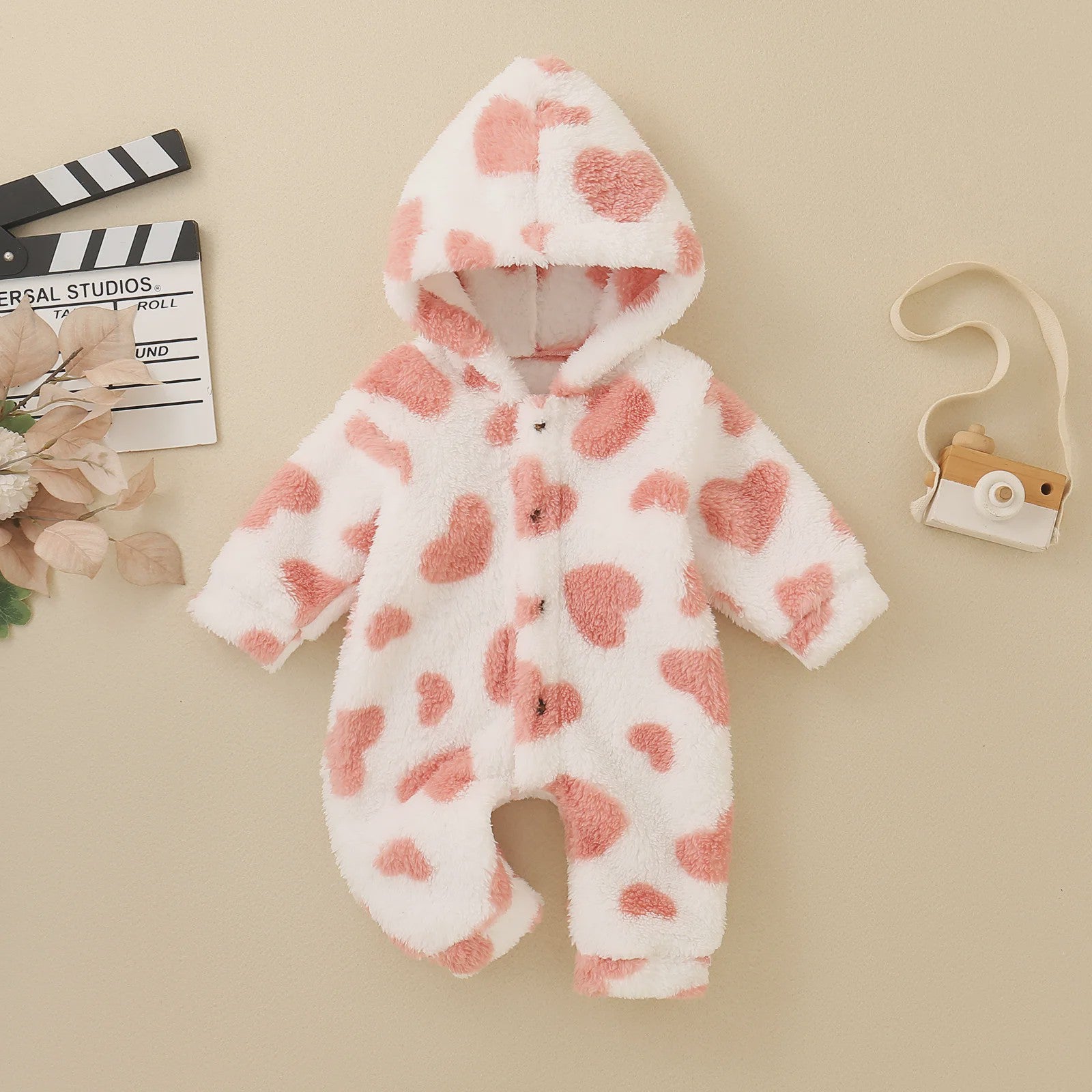 Baby Jumpsuit met Hartjesprint - Warm Fleece Romper met Capuchon voor Peuters en Baby's