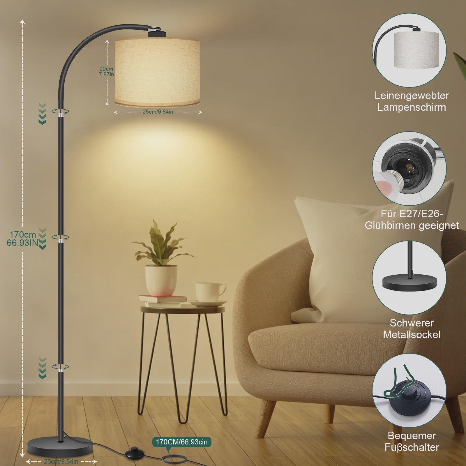 Moderne Boog Vloerlamp 170cm met Linnen Lampenkap, Voetschakelaar & LED E27 Bulb