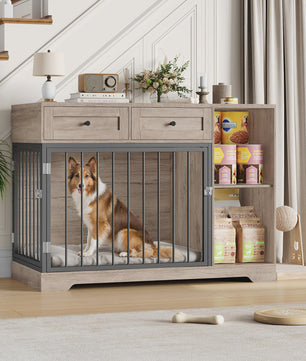 Hondenmand Meubel 120cm met Lades & Open Vakken - Wit/Bruin Hout