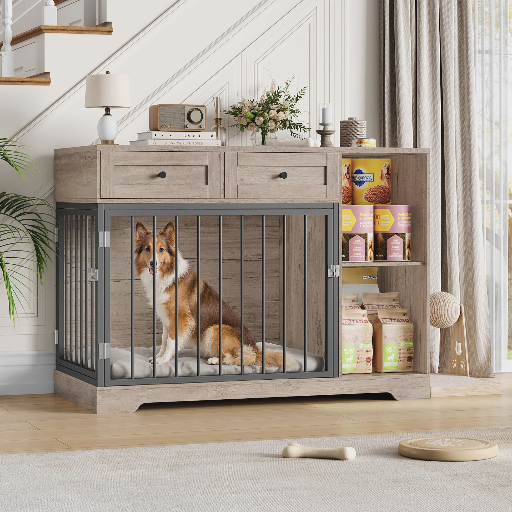 Hondenmand Meubel 120cm met Lades & Open Vakken - Wit/Bruin Hout