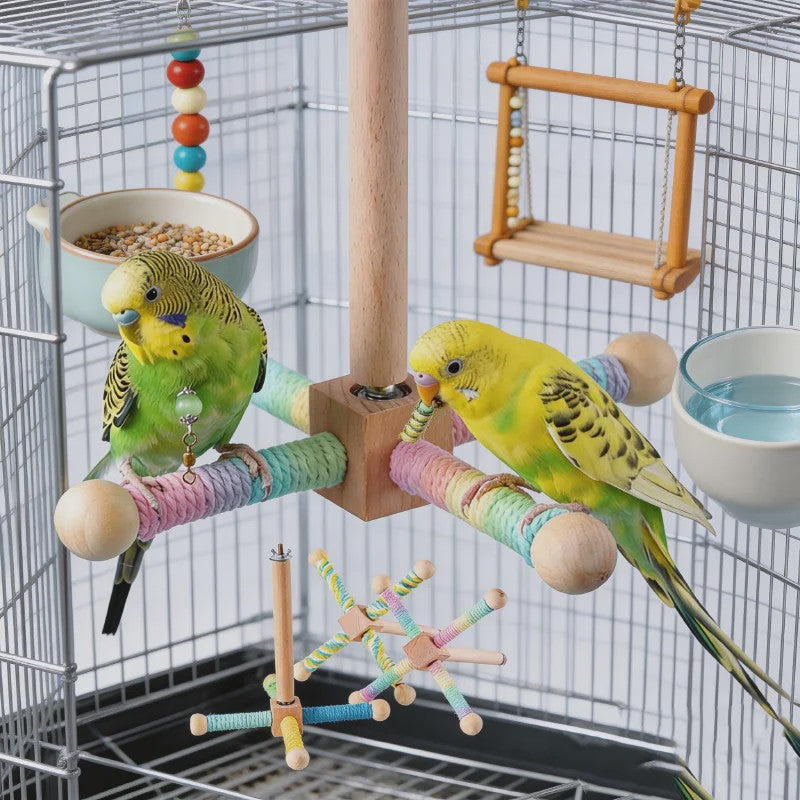Vogel Speeltuin Molen met Houten Zitstok, Touw & Belletjes - Interactief & Knaagbestendig