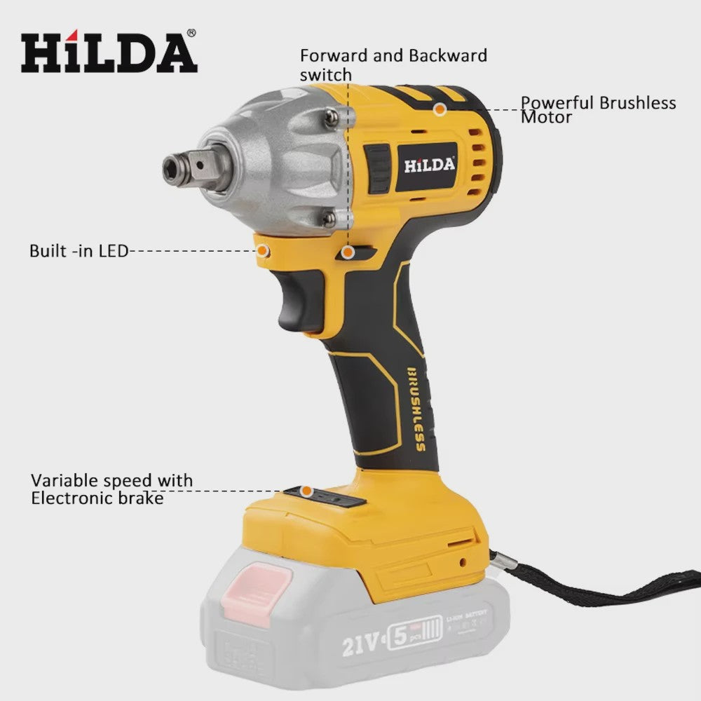 HILDA Accu Slagschroefmachine Brushless Krachtig 1/2" met Makita Batterij Compatibiliteit