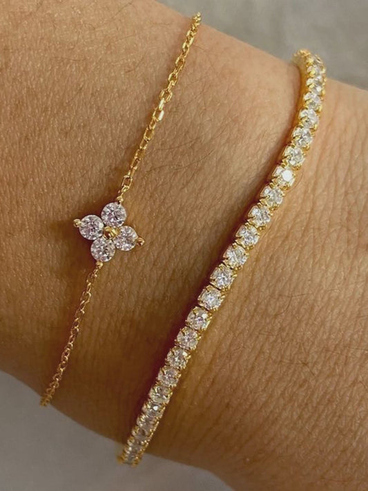 Set van 2 Dames Armbanden met Zirkonia Bloemen en Waterketting - Stijlvol voor Dagelijks Gebruik en Kantoor