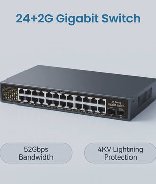 24-Poorts Gigabit Netwerk Switch met 2 SFP Poorten, 52Gbps Bandbreedte & Bliksembeveiliging