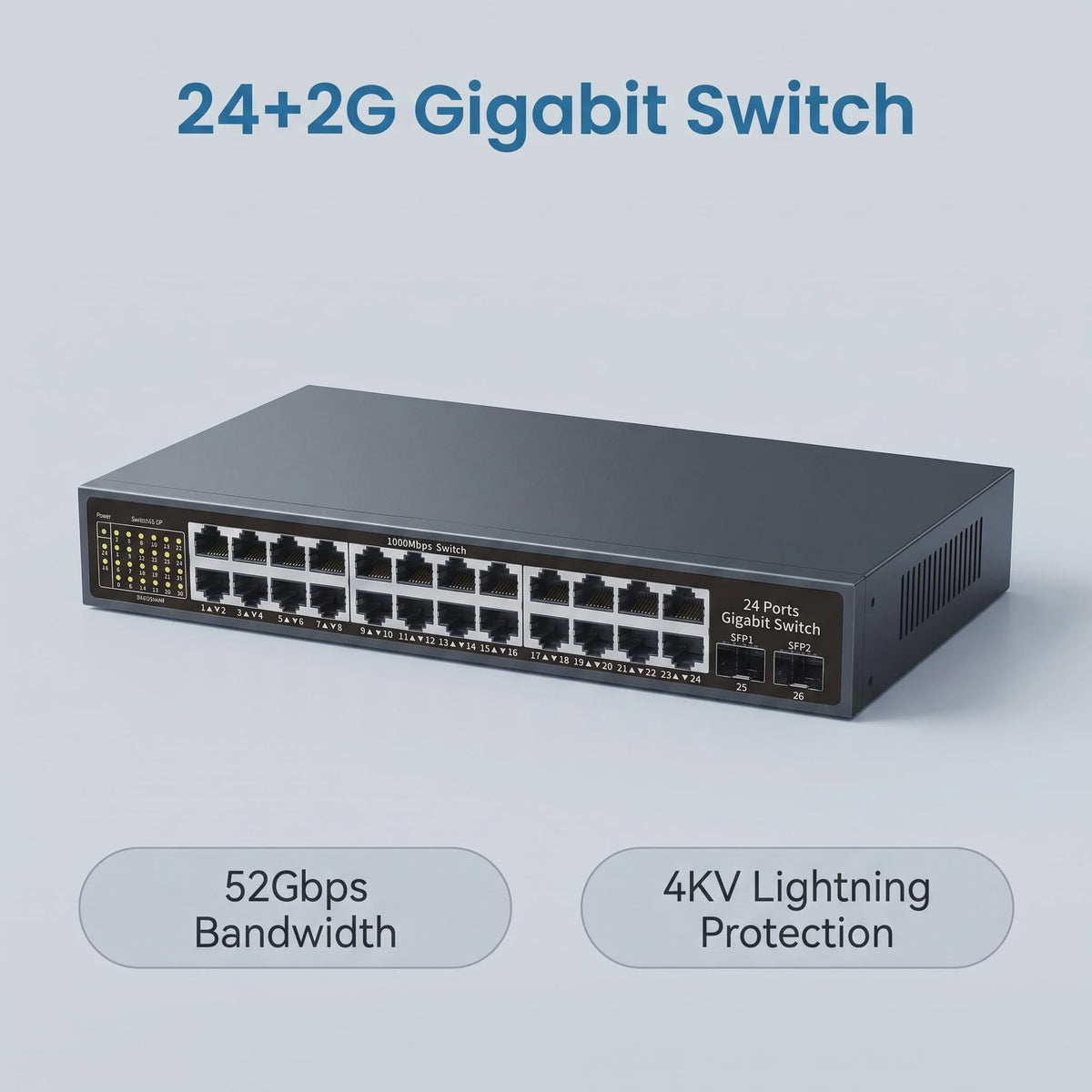 24-Poorts Gigabit Netwerk Switch met 2 SFP Poorten, 52Gbps Bandbreedte & Bliksembeveiliging