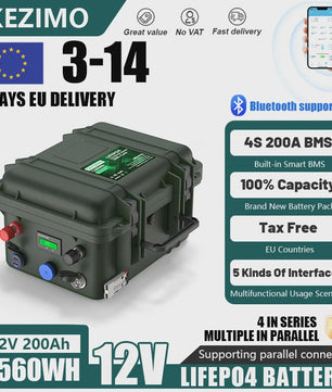 12V 200Ah LiFePO4 Accu met Bluetooth BMS - 2560Wh, IP56 Waterdicht, USB QC Charge