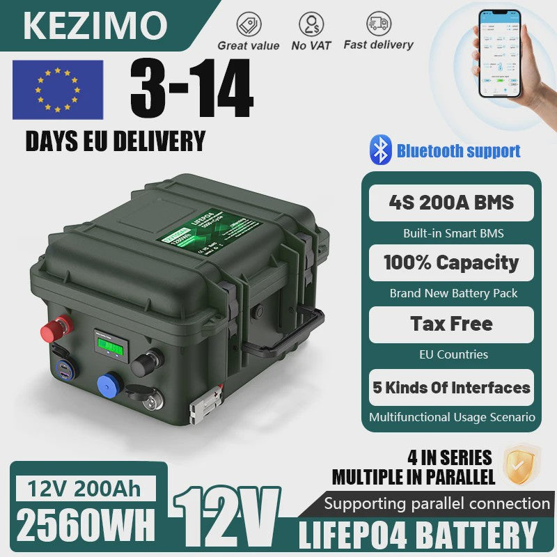 12V 200Ah LiFePO4 Accu met Bluetooth BMS - 2560Wh, IP56 Waterdicht, USB QC Charge
