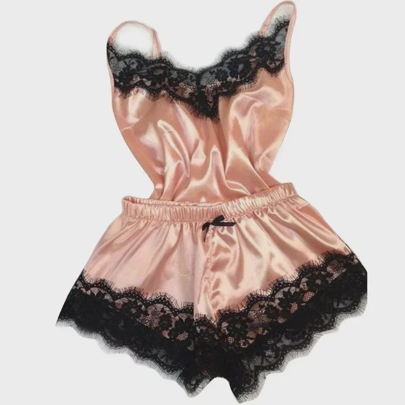 Zomer Nachtmode Set: Zijdezachte Cami Top & Shorts met Kant