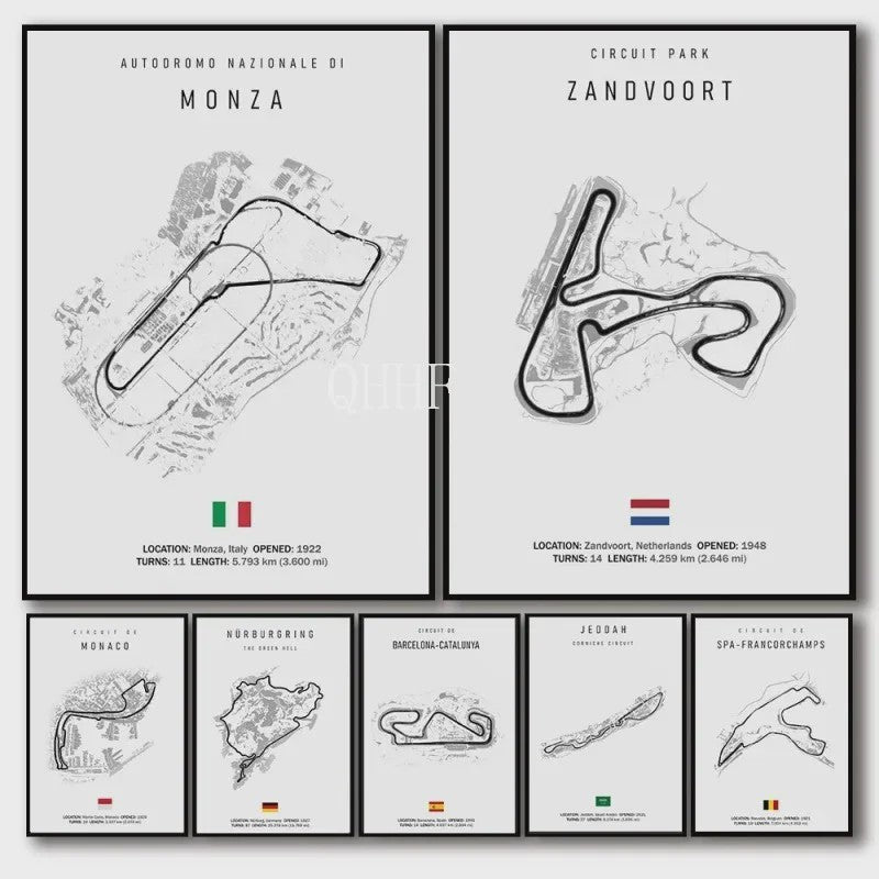 Vintage F1 Circuit Poster: Zwart-Wit Formule 1 Kunst voor de Raceliefhebber