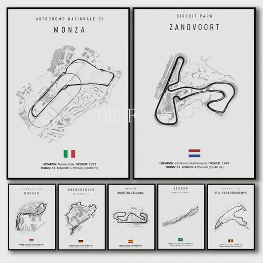 Vintage F1 Circuit Poster: Zwart-Wit Formule 1 Kunst voor de Raceliefhebber