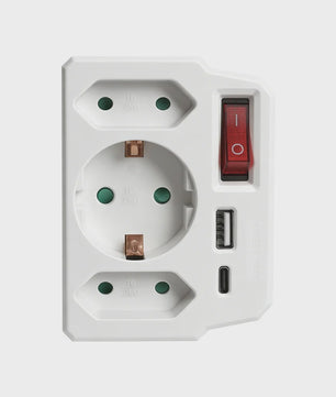 Universele Wandcontactdoos Adapter met Schakelaar, 2x USB-A, 1x USB-C & 3x Schuko Stopcontact
