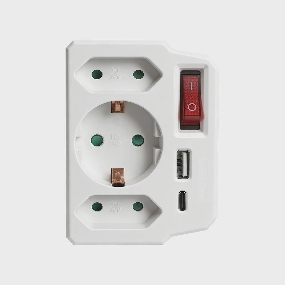 Universele Wandcontactdoos Adapter met Schakelaar, 2x USB-A, 1x USB-C & 3x Schuko Stopcontact