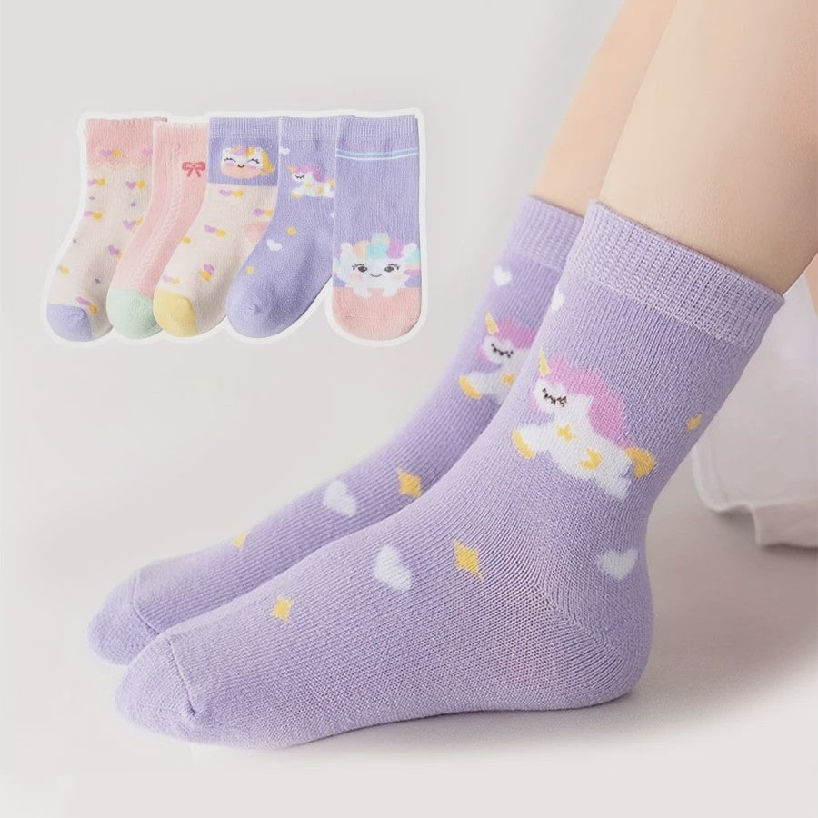5 Paar Kindersokken Meisjes met Unicorn & Strik - Leuke Cartoon Mid-Calf Sokken voor Dagelijks Gebruik