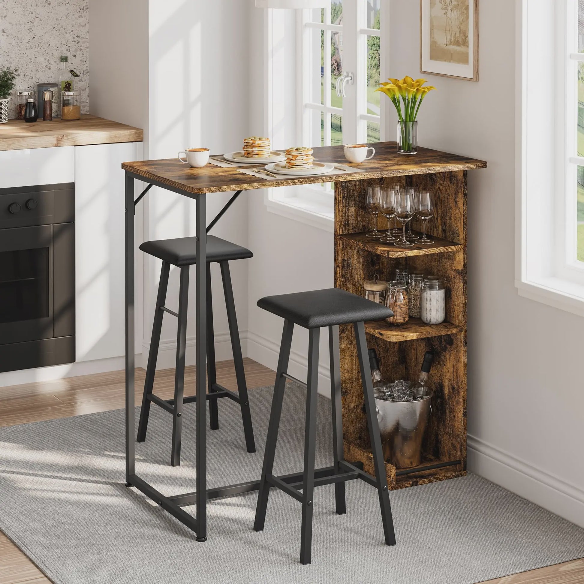 3-delige Bartafel Set met 2 Krukken en Opbergruimte - Compact Keukenmeubel