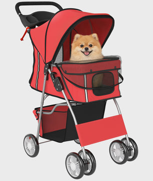 PawHut Honden- en Kattenbuggy - Opvouwbare Dierentransportwagen met Bekerhouder en Mand - Rood