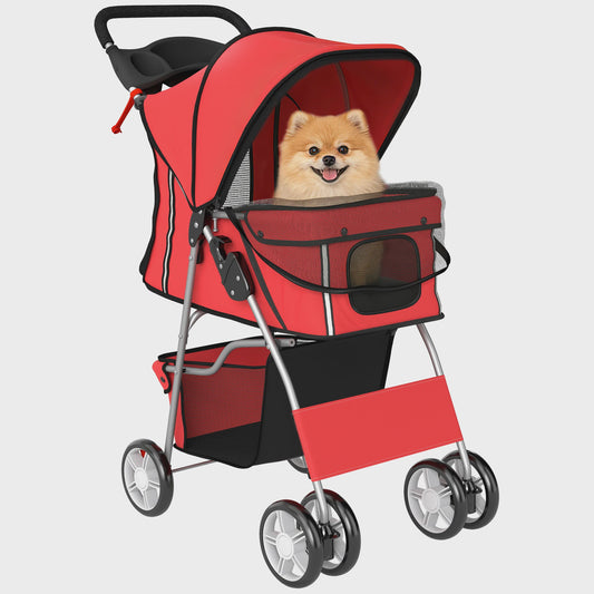 PawHut Honden- en Kattenbuggy - Opvouwbare Dierentransportwagen met Bekerhouder en Mand - Rood