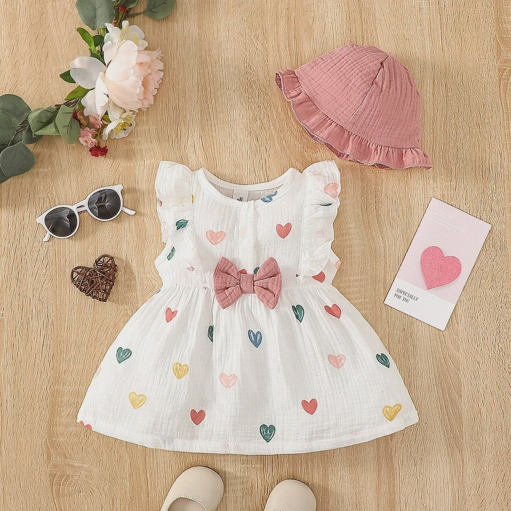 Schattige Baby Meisjes Jurk met Strik en Mutsje - Hartjes Print Zomer Set (0-9 Maanden)