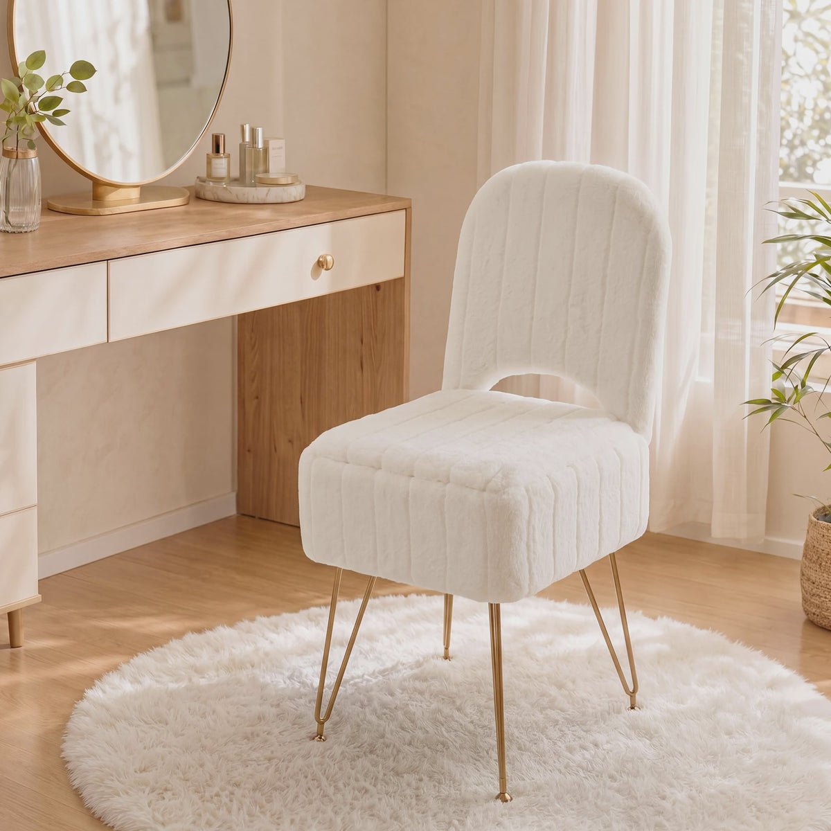 Luxe Pluche Kaptafel Kruk met Opbergruimte en Inklapbare Rugleuning - Zacht & Stijlvol