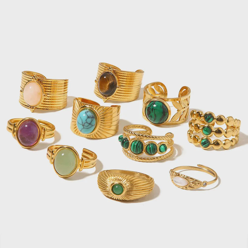 Natuursteen Ringen Dames - Waterdicht Roestvrij Staal Goudkleurig Sieraden