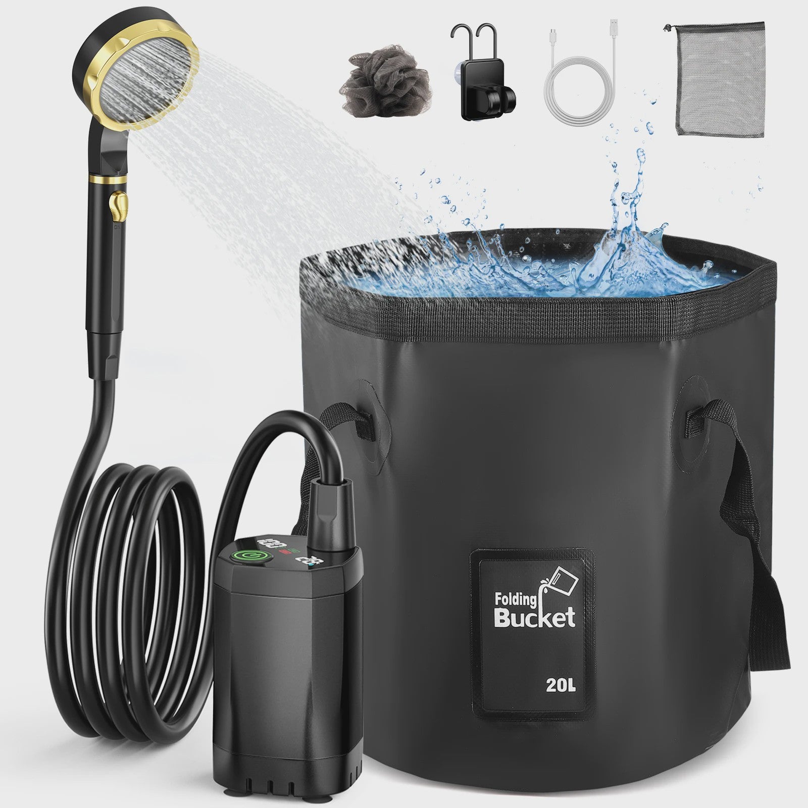 Draagbare Camping Douche met Oplaadbare Pomp & 20L Opvouwbare Zak - Outdoor Kit