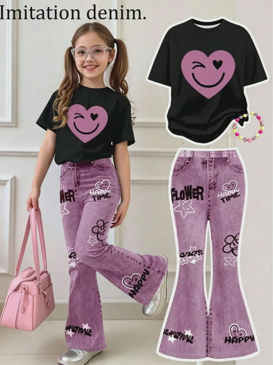 Zomerse Outfit Meisjes: Zwarte Top met Smiley Print & Paarse Flared Broek met Tekst - 2-delige Set