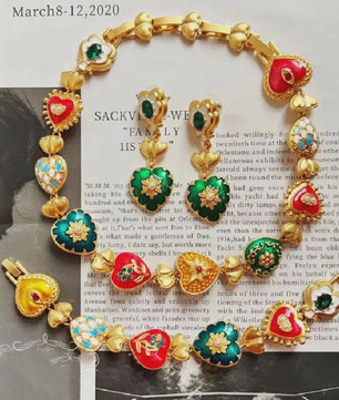 Retro Kleurrijke Hart & Bloem Ketting & Oorbellen Set - Paleis Stijl