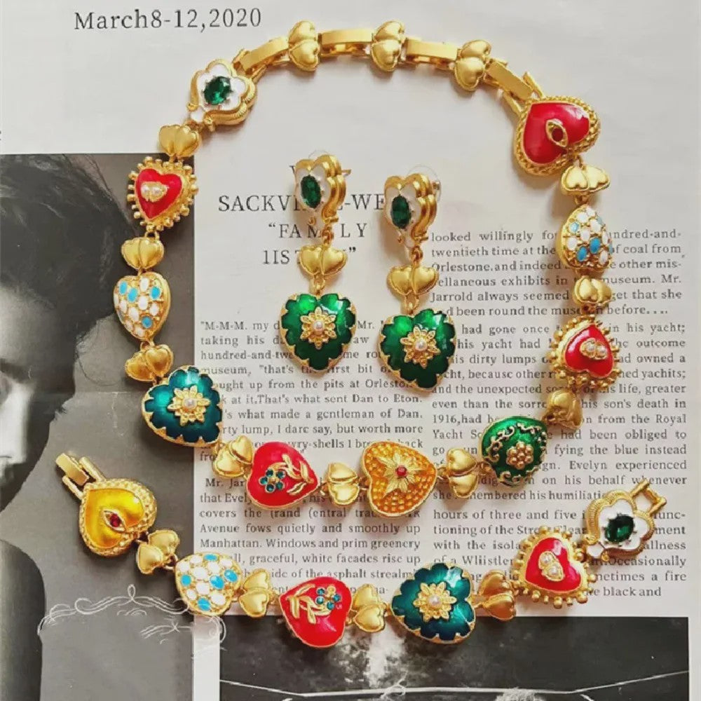 Retro Kleurrijke Hart & Bloem Ketting & Oorbellen Set - Paleis Stijl