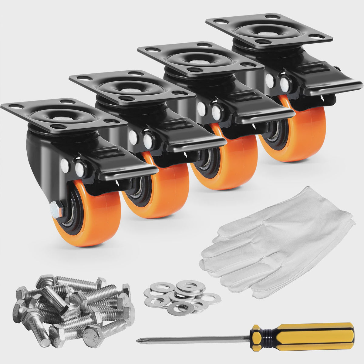 Set van 4 Zwenkwielen met Dubbel Rem & PVC Wielen - Diverse Maten
