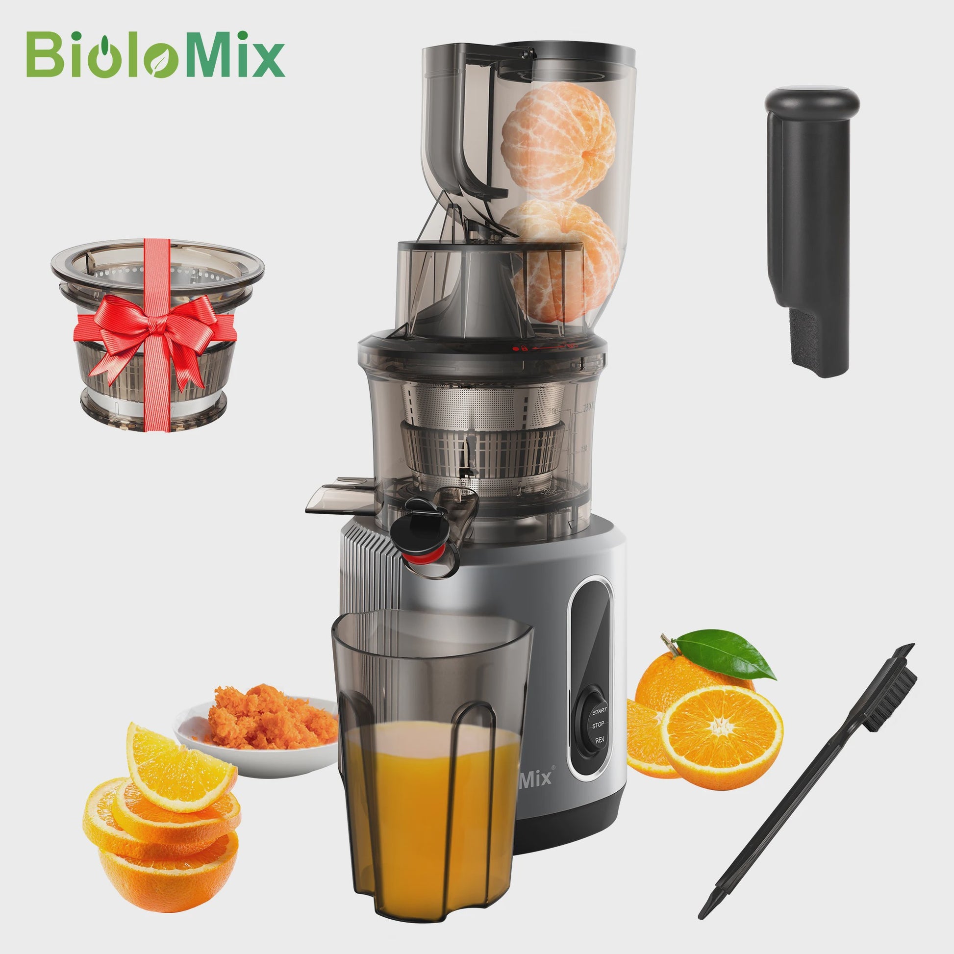 BioloMix Slowjuicer 200W met Brede Vulopening (75mm) voor Hele Fruit & Groenten