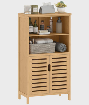 Kleankin Bamboe Badkamerkast met 2 Deuren en Open Vakken - 50x29x92 cm