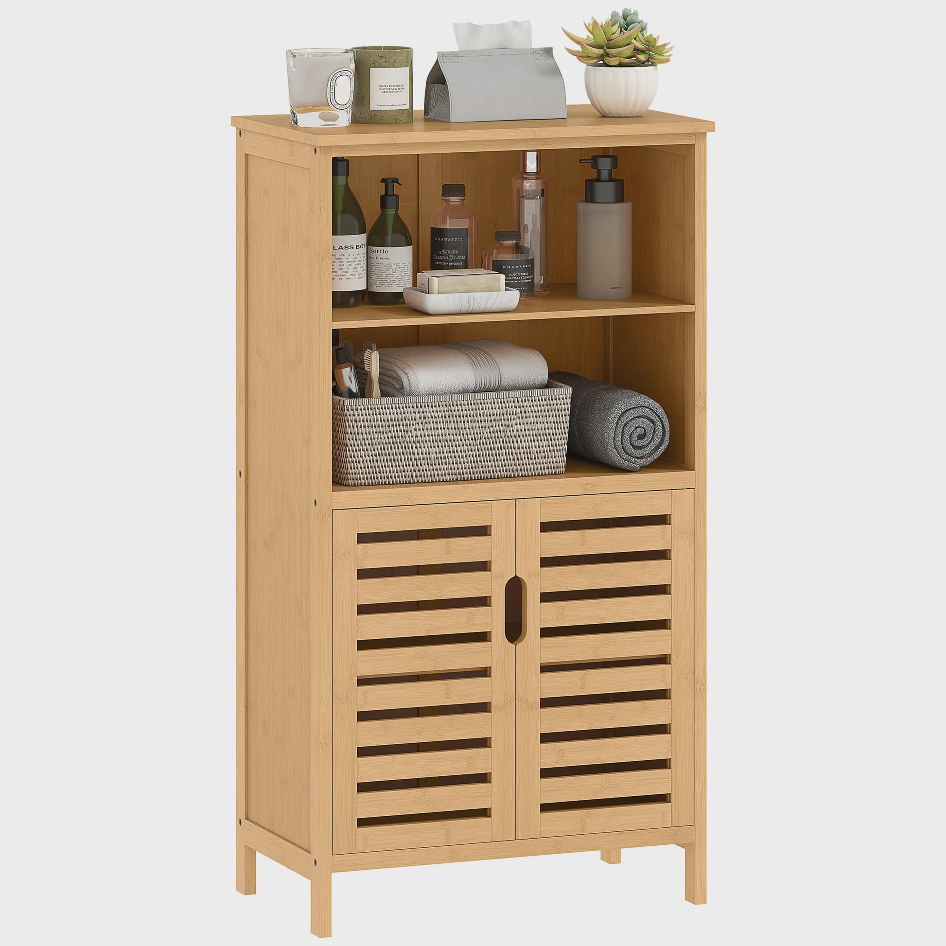 Kleankin Bamboe Badkamerkast met 2 Deuren en Open Vakken - 50x29x92 cm
