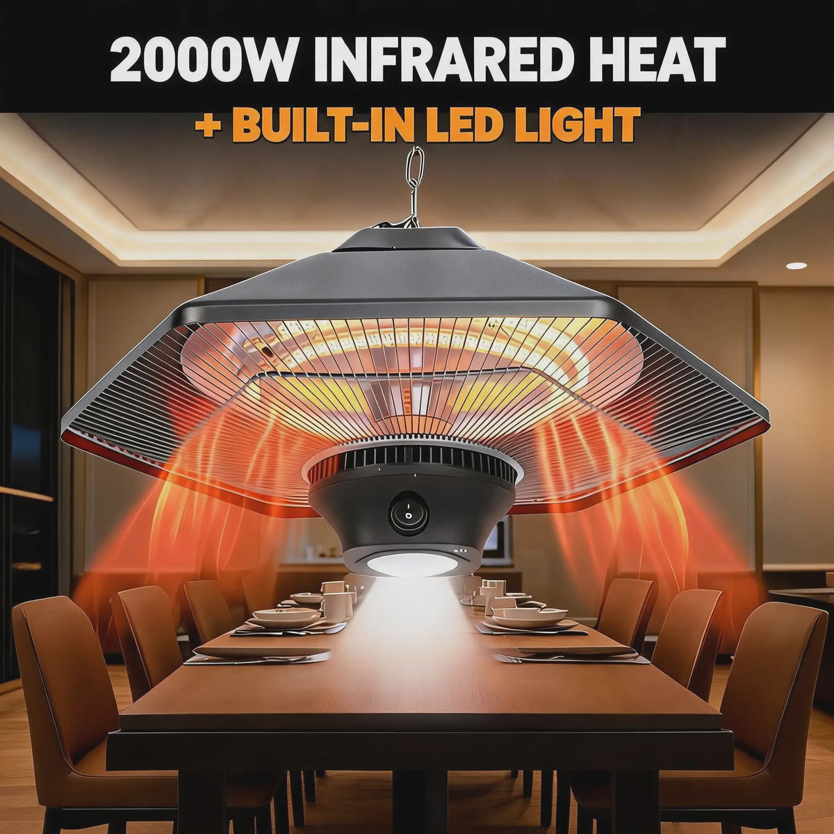 2000W Plafond Terrasverwarmer met LED Licht - Infrarood Verwarming, Afstandsbediening & 3 standen