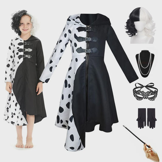 Meisjes Cruella Deville Kostuum - Zwart Dalmatiër Jumpsuit Jurk voor Halloween & Feest