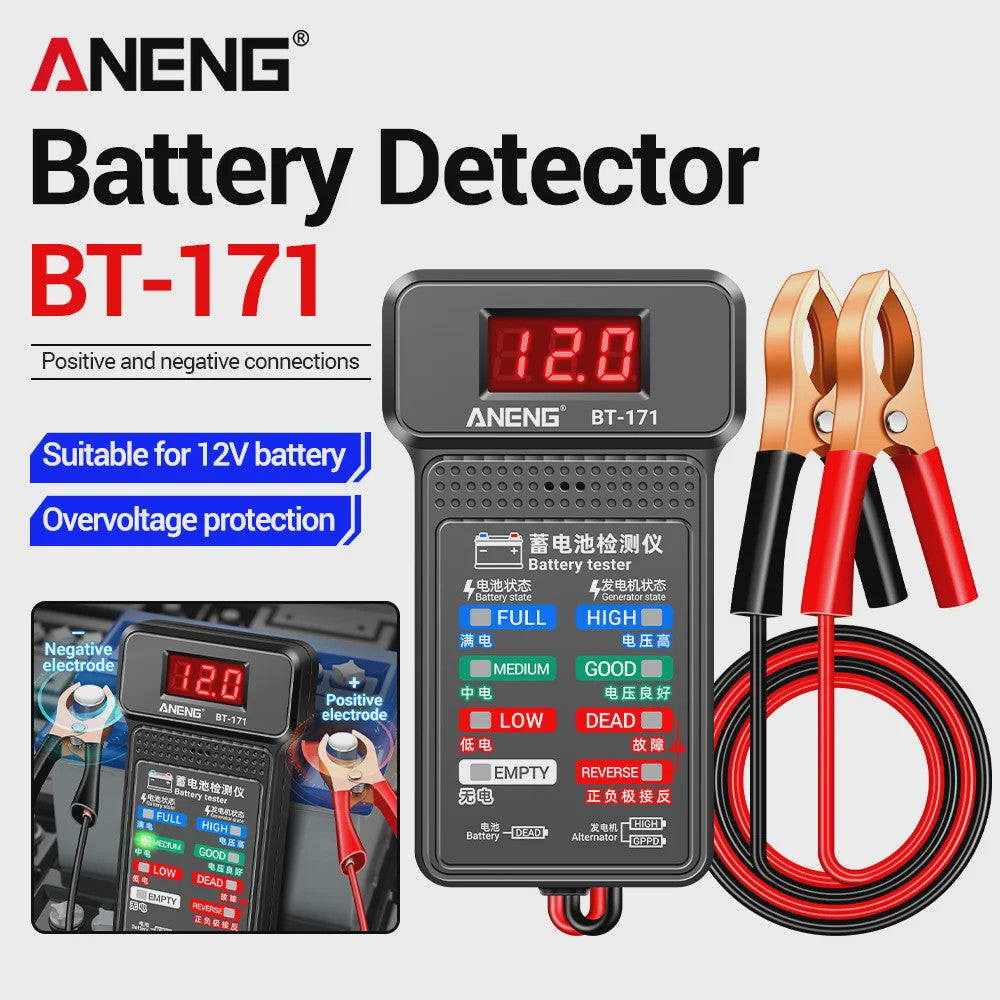 Digitale Auto Accu Tester 12V ANENG BT-171 met LED Display en Krokodillenklemmen