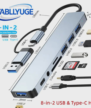 8-in-2 USB-C Hub met SD/TF Kaartlezer, 3.5mm Audio & USB 3.0 Extender voor MacBook/PC/Laptop