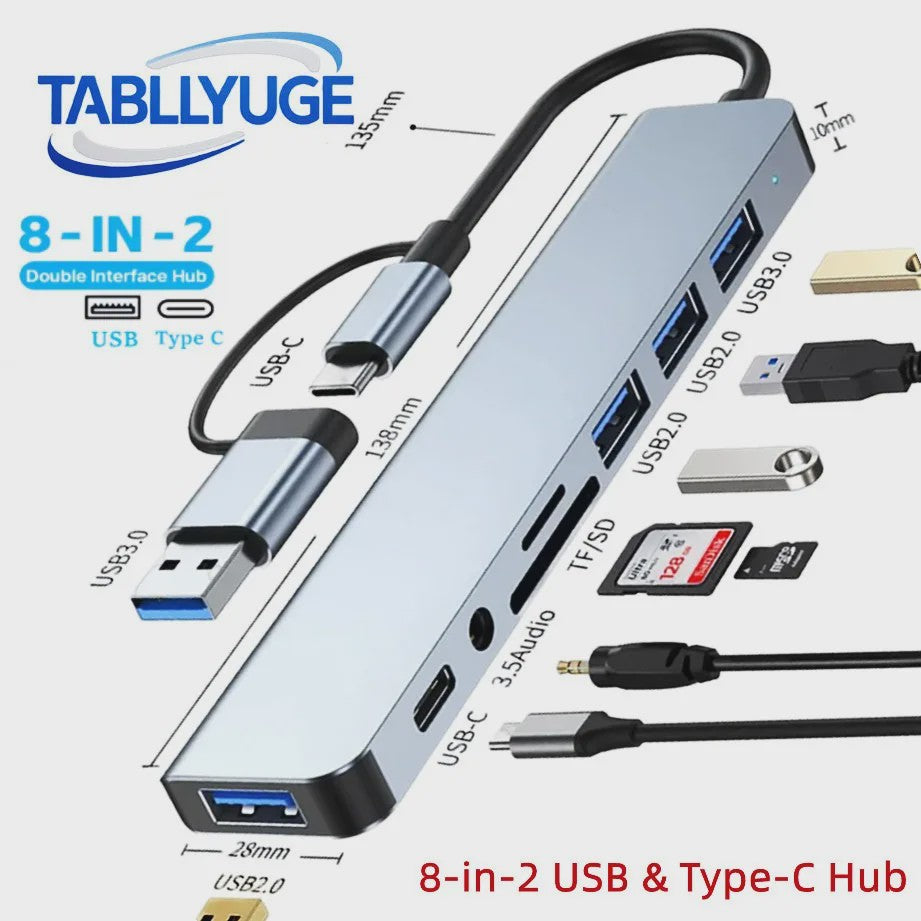 8-in-2 USB-C Hub met SD/TF Kaartlezer, 3.5mm Audio & USB 3.0 Extender voor MacBook/PC/Laptop