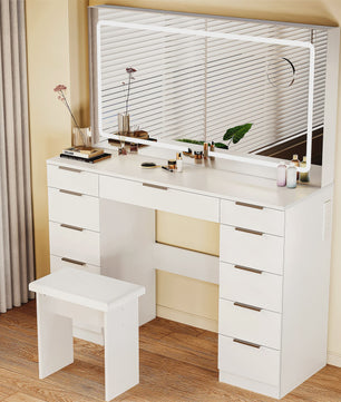 Luxe Kaptafel met LED Verlichting, 11 Lades en Ingebouwde Stopcontacten - Wit