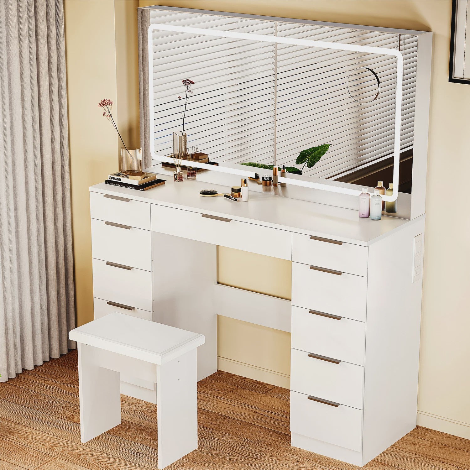 Luxe Kaptafel met LED Verlichting, 11 Lades en Ingebouwde Stopcontacten - Wit