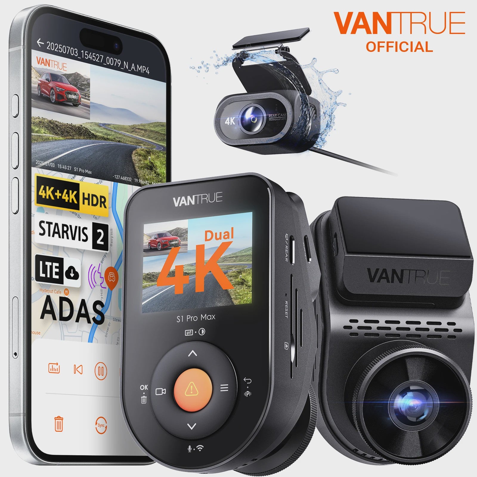 Vantrue S1 Pro Max Dual 4K Dashcam met ADAS, BSD, IP67 Waterdichte Camera en Spraakbesturing