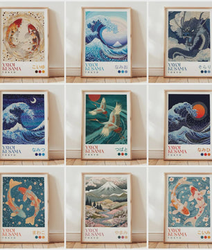Japanse Kunst Poster: Yayoi Kusama Stijl Vliegende Kraanvogels & Koi Vissen