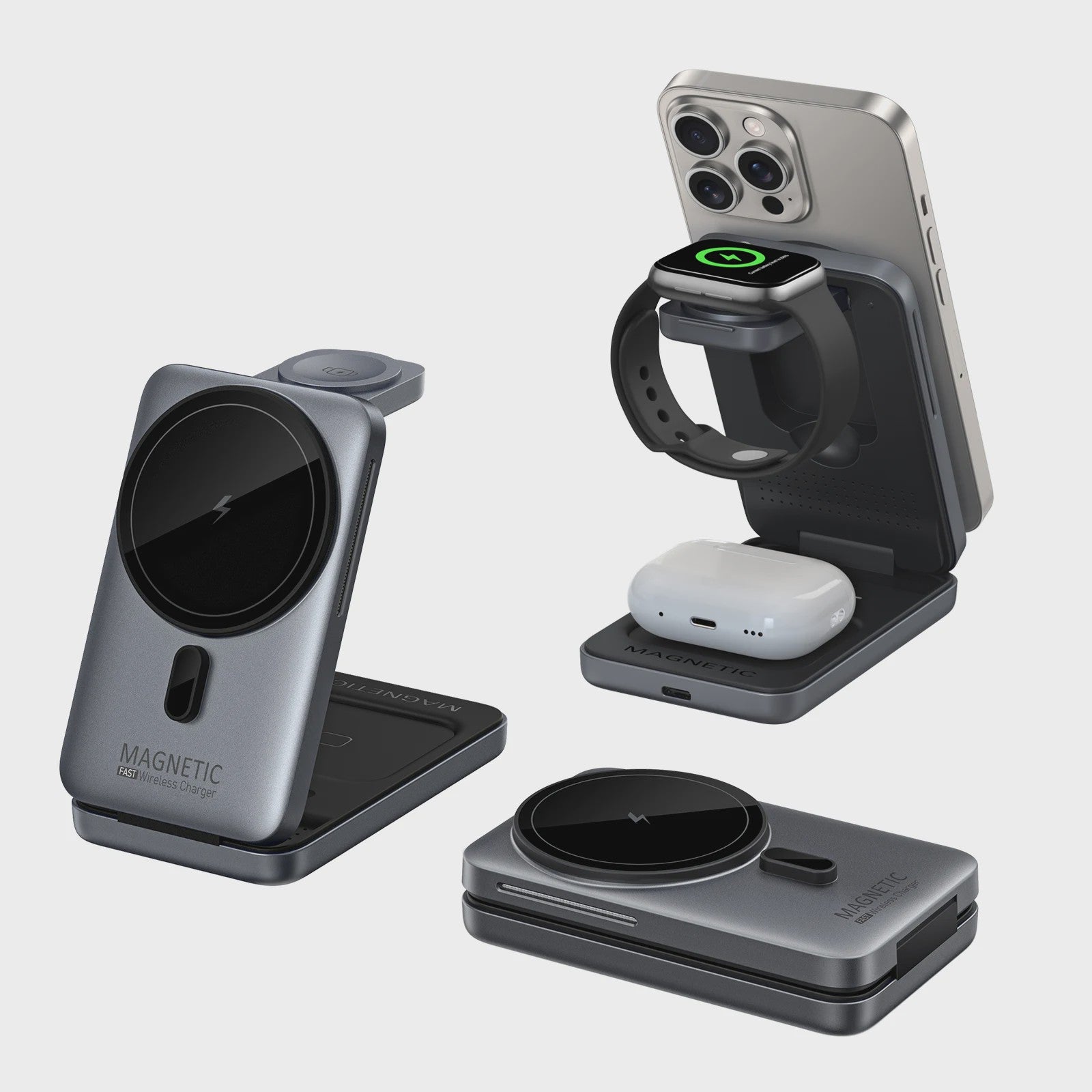 3-in-1 Magnetische Draadloze Oplader voor iPhone, Apple Watch & AirPods - Opvouwbaar
