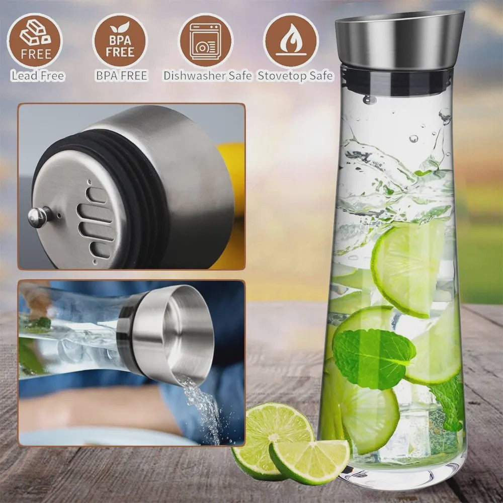 Stijlvolle Glazen Waterkan met Deksel - 1 Liter - Perfect voor Water, Sap, IJsthee & Limonade